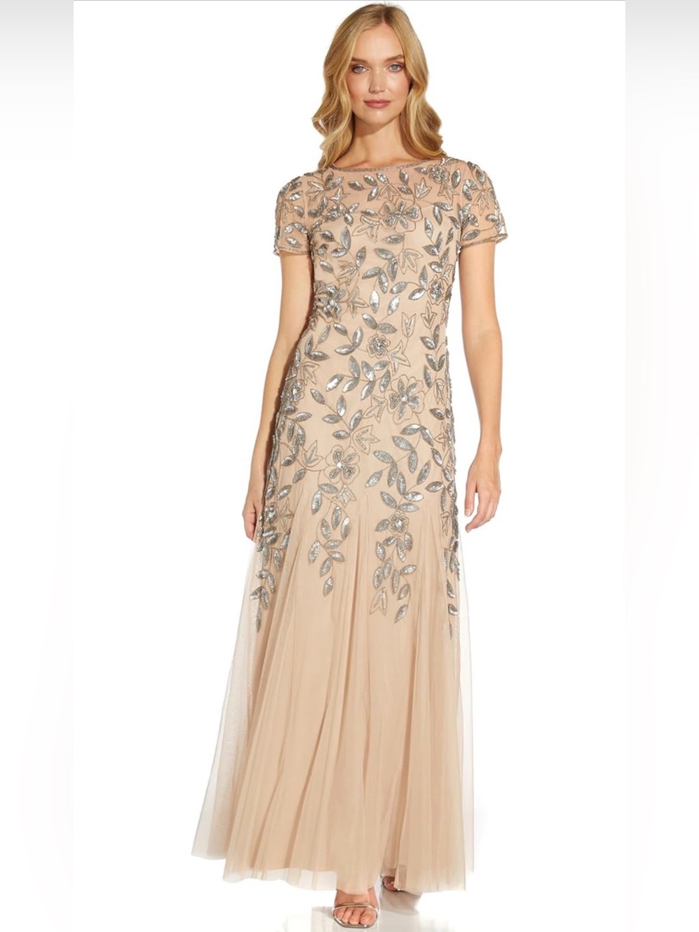 NWT Adrianna Papell Taupe Tulle Maxi Formal Gown with Silver Leaf Applique, 12